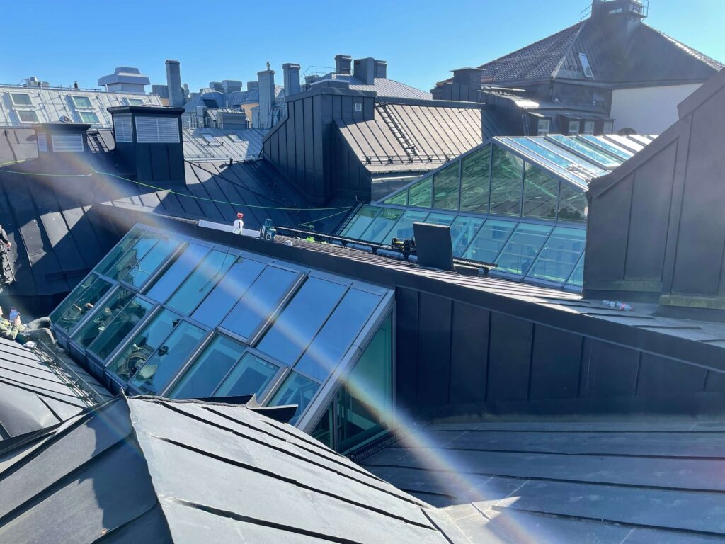 Vy över tak med glaspartier på Blaiseholmen